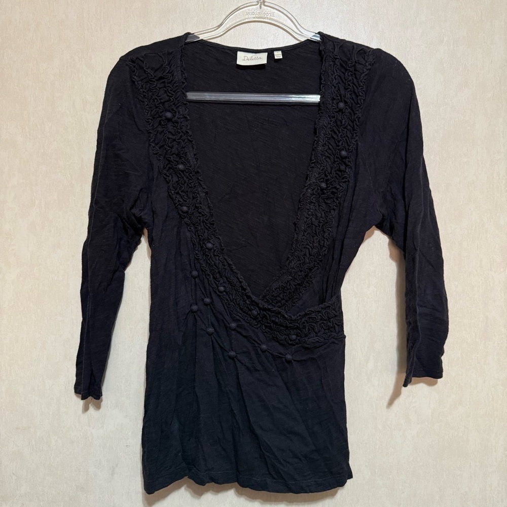 Anthropologie Deletta Black Ruffle 3/4 Sleeve Faux Wrap Top